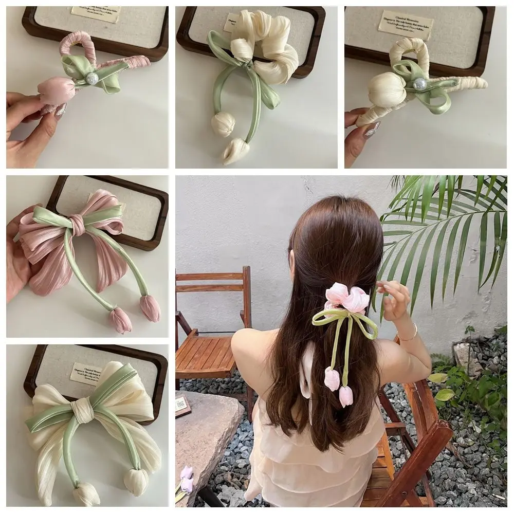 

Elastic Korean Style Tulip Ribbon Hair Ring Cloth Hair Tie Bowknot Hair Clip Ponytail Holder Hair Rope Flower Hair Claw Daily