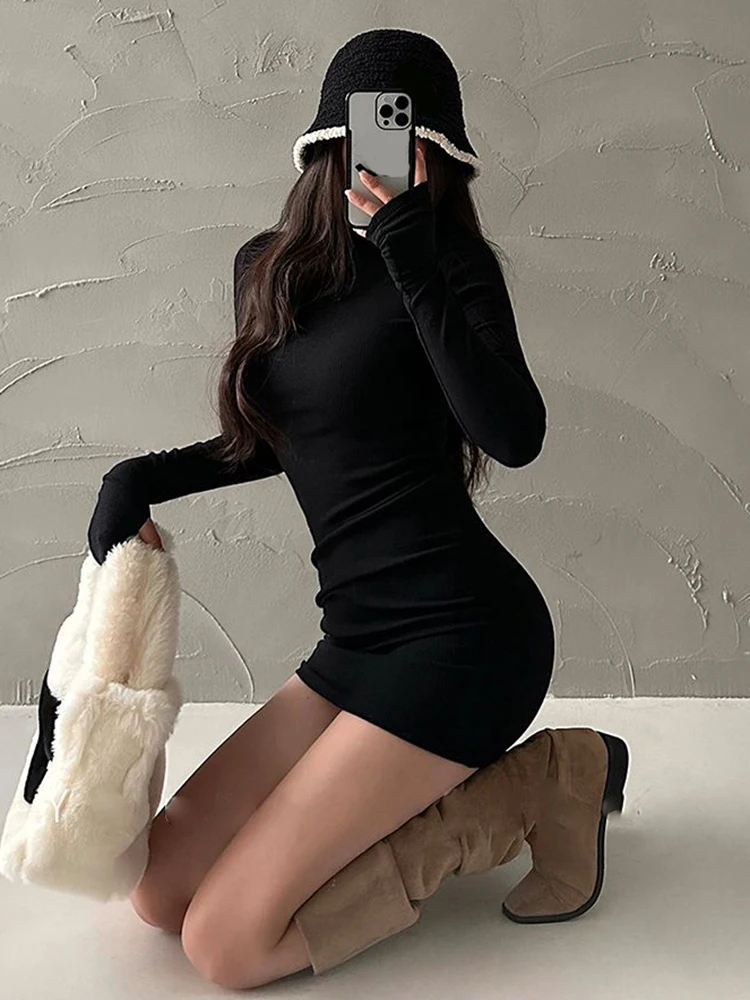 Rollkragenpullover mit langen Ärmeln, schwarz, sexy, plissiert, figurbetontes Minikleid, 2025, Herbst, Winter, Damen, Streetwear, Party, Club, Y2K-Kleidung – Detail 6