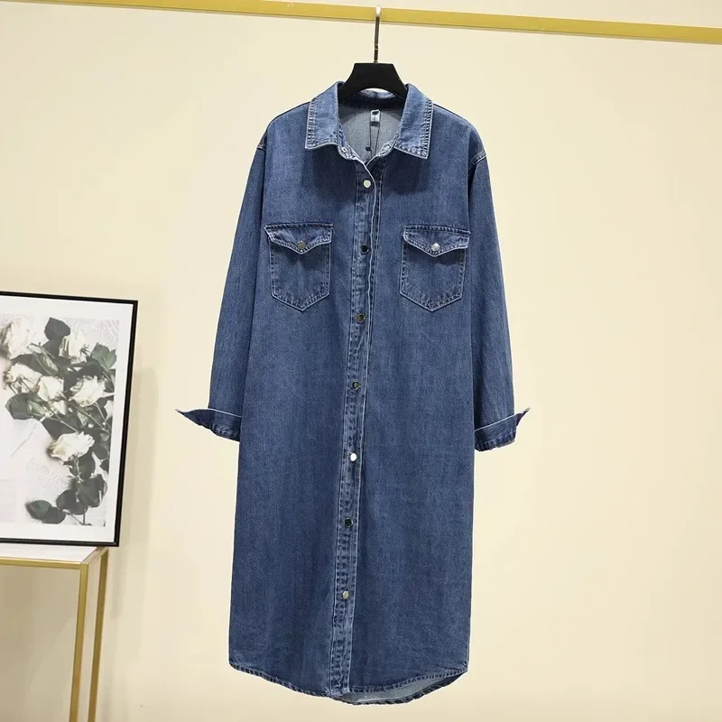 Blue Collar Loose Denim Lining Dress For Women'S Autumn And Winter New Style, Double Pocket Slim Fit Long Shirt Skirt