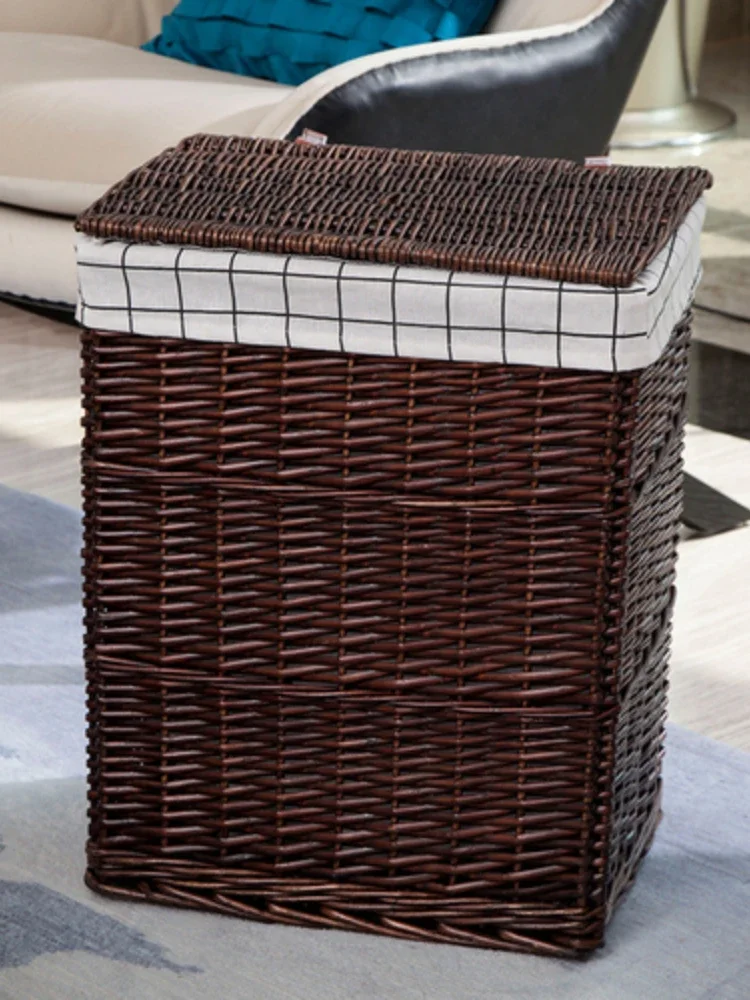 Cesta De Lavanderia Tecida Rattan Com Tampa, Grande Capacidade, Cesta De Roupas De Videira, Armazenamento Simples