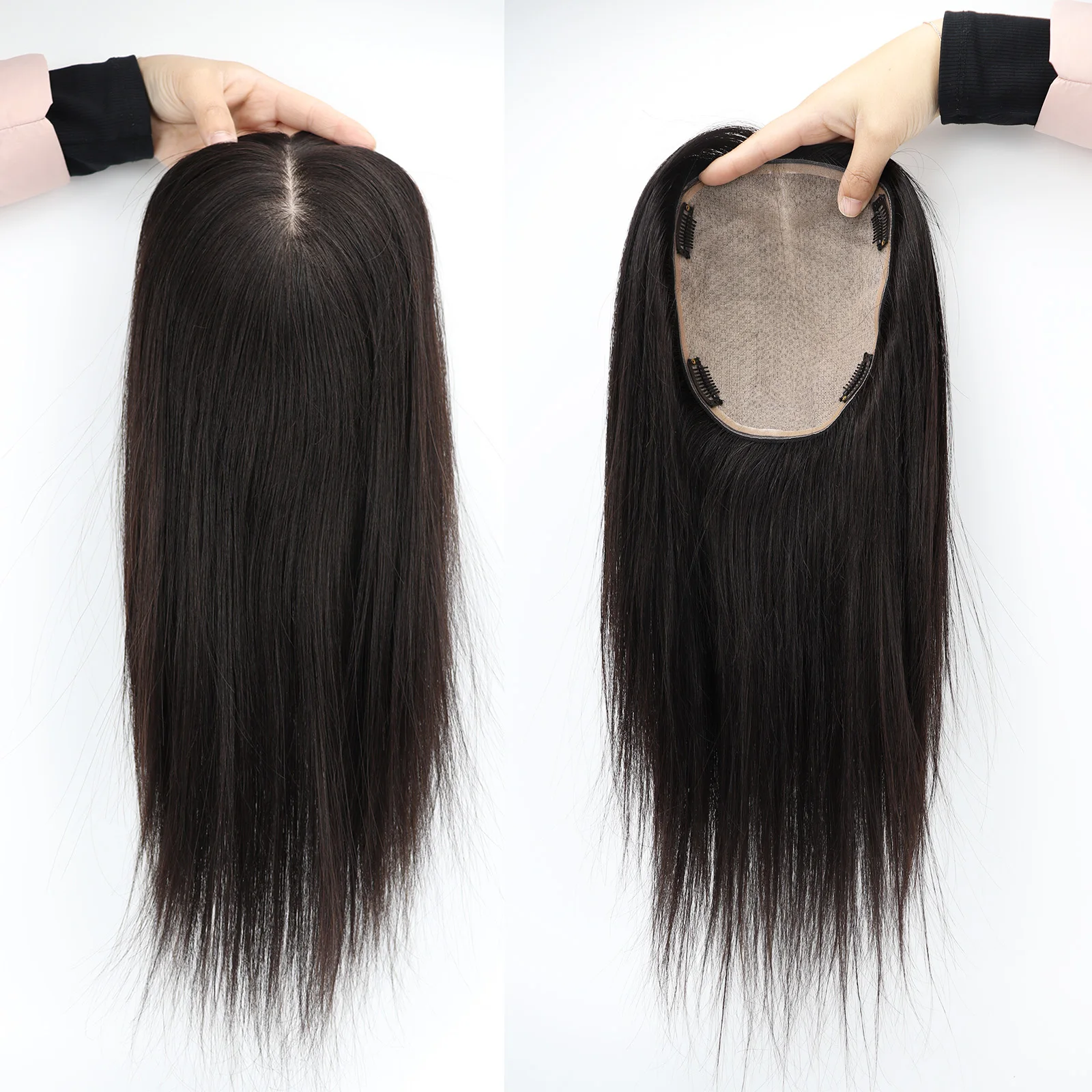 

18x20cm Silk Base Human Hair Topper Silk Top Virgin European Hair Piece PU Around with Clips in Natural Hairline Cover for Women