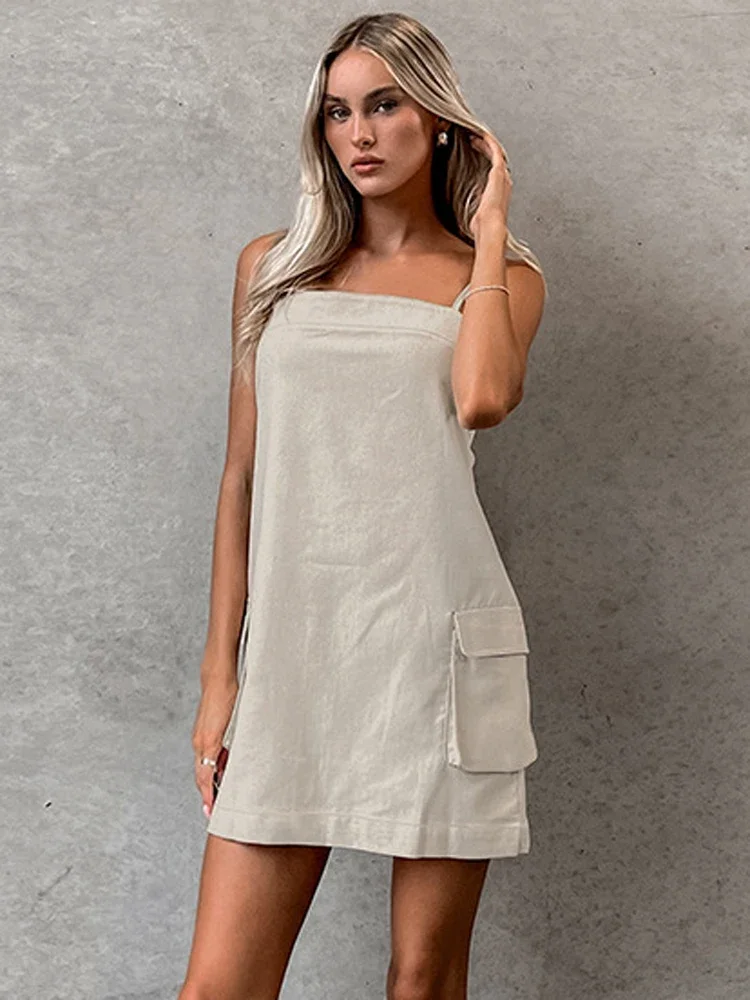 

Backless Strappy Pleated Mini Dress For Women Summer Sexy Solid Color Sleeveless Pockets Casual Loose Suspender Mini Dress