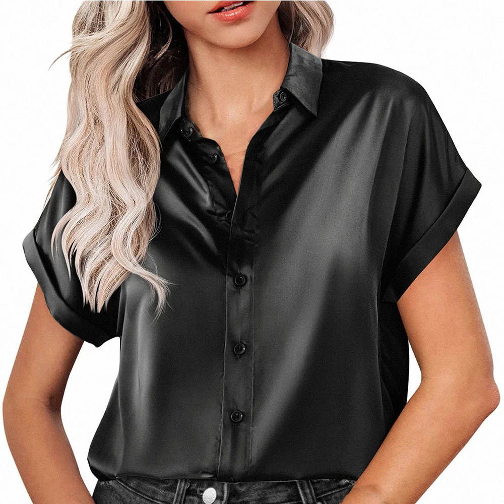 Camisas de manga corta de satén para mujer, blusa transpirable, cómoda, informal, Simple, elegante, Color sólido, para viaje diario, novedad de verano