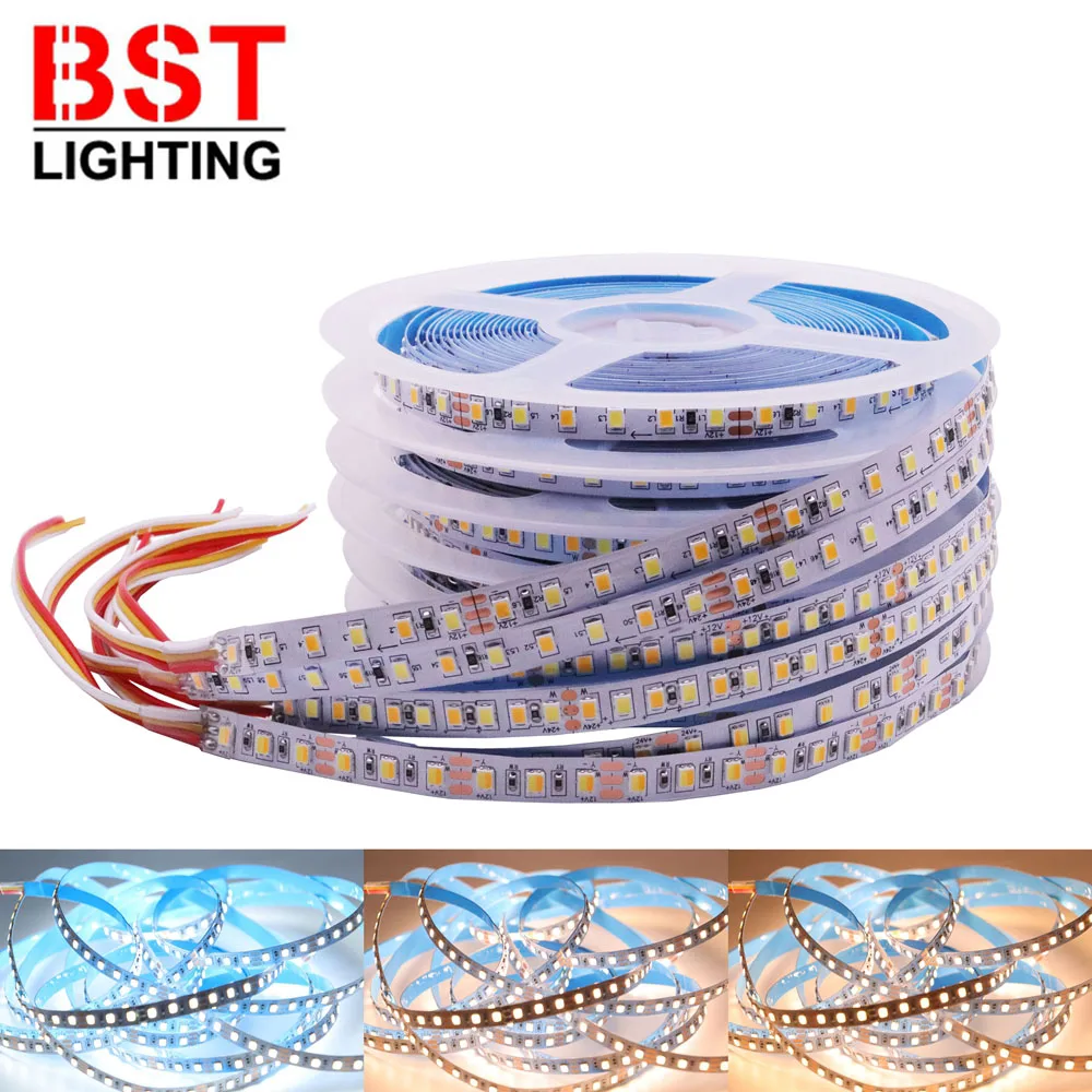 5m 2835SMD CCT WW+CW LED Strip 120leds/m 180Leds/m Color Temperature Adjustable Flexible LED Tape Ribbon DC12V/24V