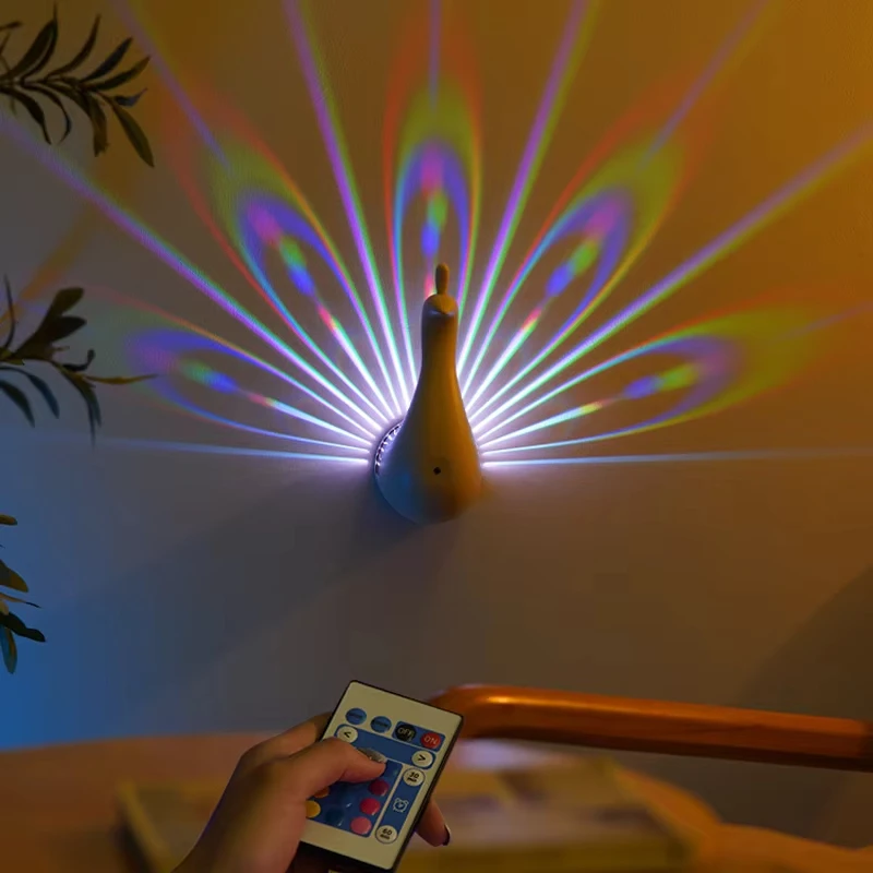 

12 Color Ambient Peacock Light Remote Night Light For Home Bedroom Living Room Wall Decoration Peacock Spreads Projector Lamp
