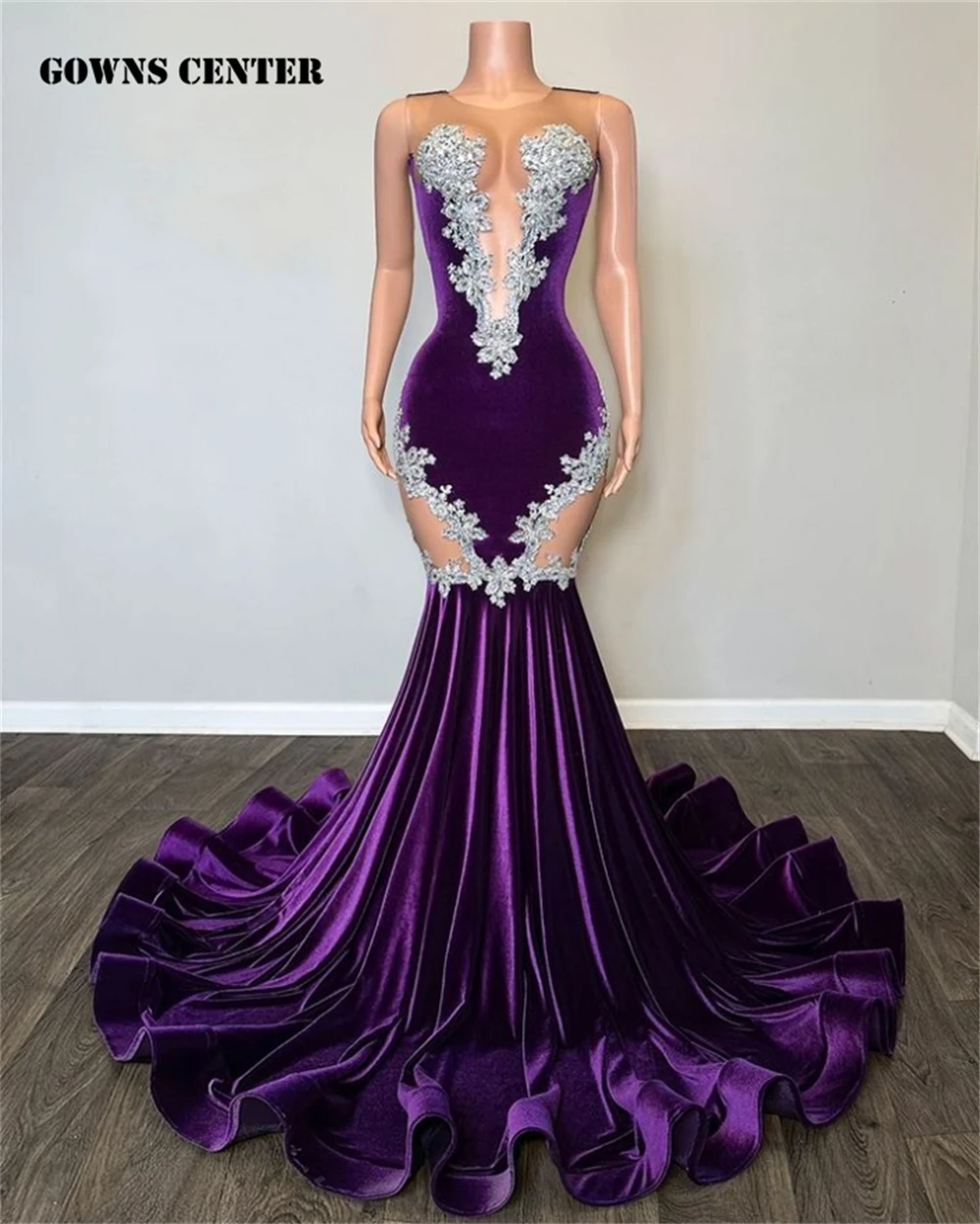 Robes de Rhen velours violet avec appliques en dentelle perlée, robes de sirène pour filles noires, robe de soirée de mariage, robe de gala élégante, sexy