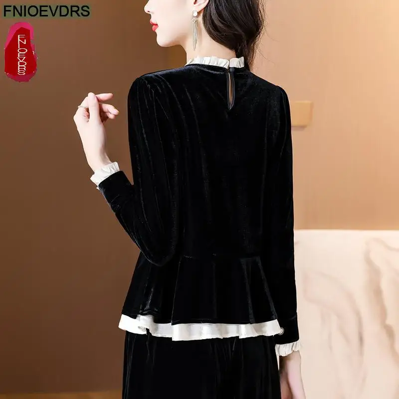 S-4XL Ruffles Black Velvet Top Women Autumn Winter French Design Elegant Office Lady Work Button Shirt Slim Retro Peplum Blouses