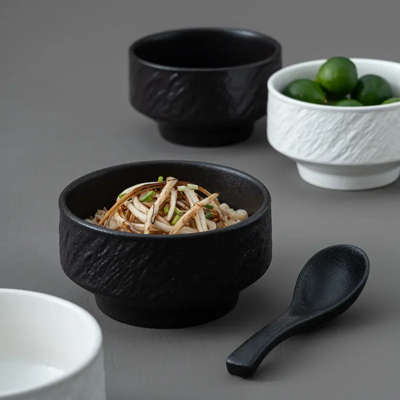 Creative High-foot Scalding-proof Black White Ceramic Rice Bowl Stone-like Dessert Salad Bowl high-end Tableware Household Hotel