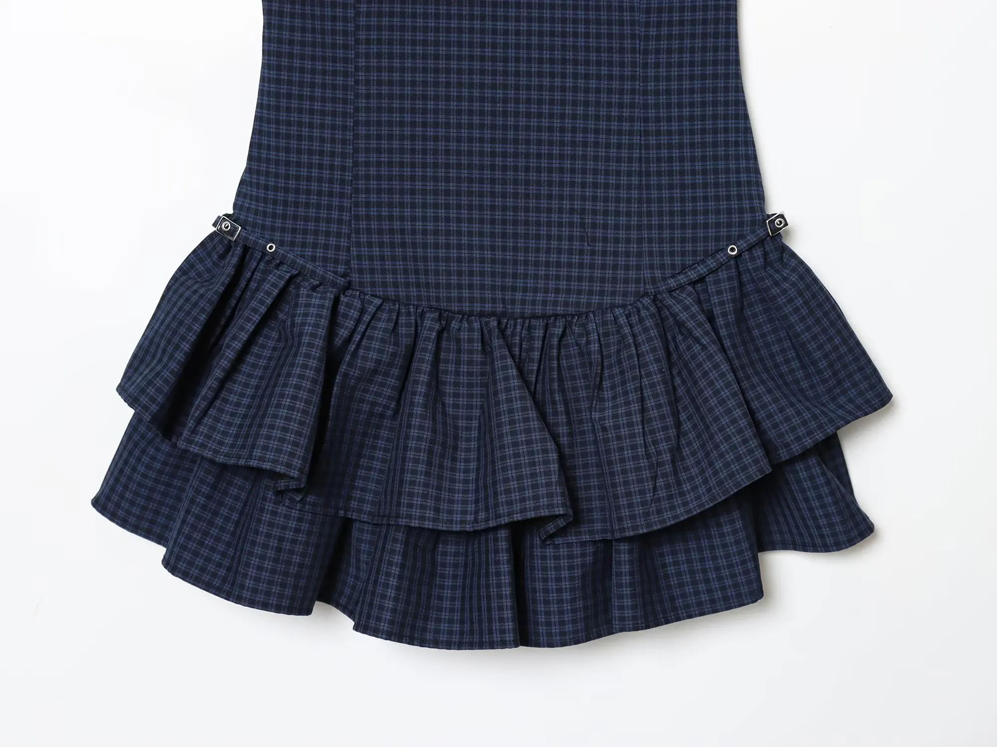 Novo vestido feminino azul marinho xadrez sem mangas em camadas mini vestido sexy e elegante