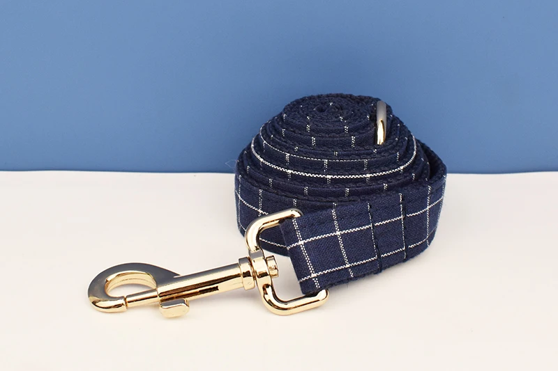 Dark Blue Check Dog Collar Leashes Harness Bow Set Grid 02