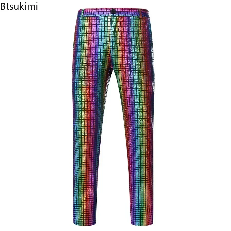 

Новинка 2025, мужская одежда для выпускного вечера, цвета: золотистый, серебряный, Радужный клетчатый брюки с блестками, мужской танцевальный фестиваль, костюм для вечеринки на Рождество и Хэллоуин