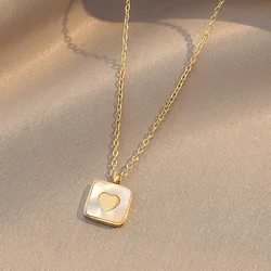 high quality Fashion 316LStainless Steel Square shell Inlaid Love Heart Pendant Clavicle Necklace for Women Jewelry gift