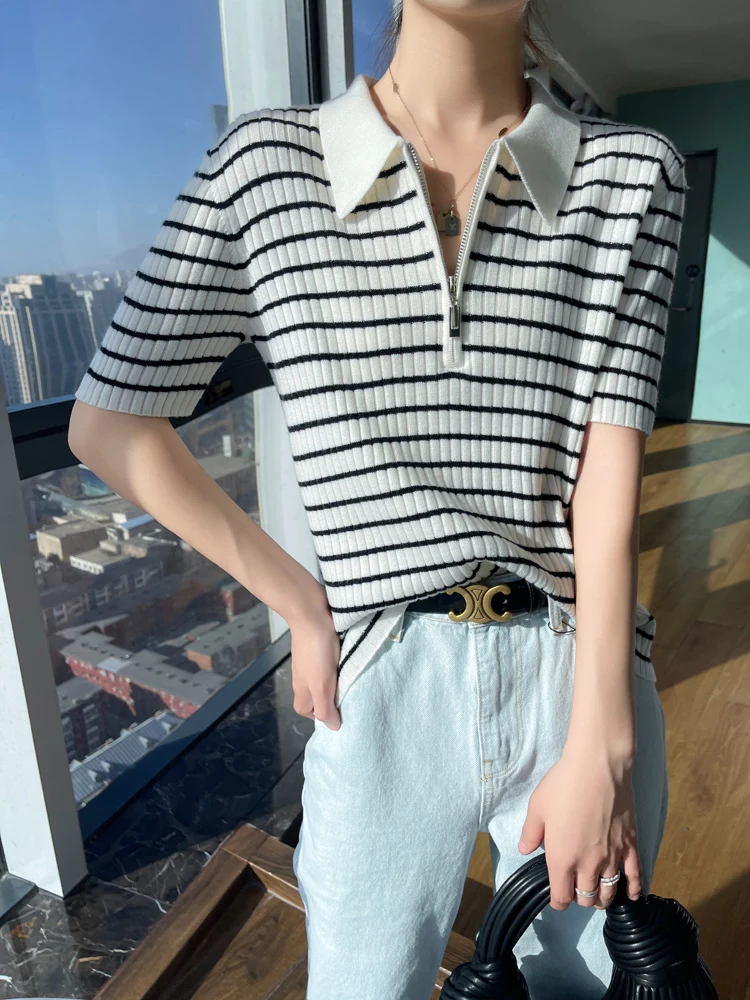 

Women Summer 100% Worsted Merino Knitted Polo Collar Rib T-shirt Ultra-Thin Smooth Zipped Striped Pure Wool Tee CN Size 2024 Mis