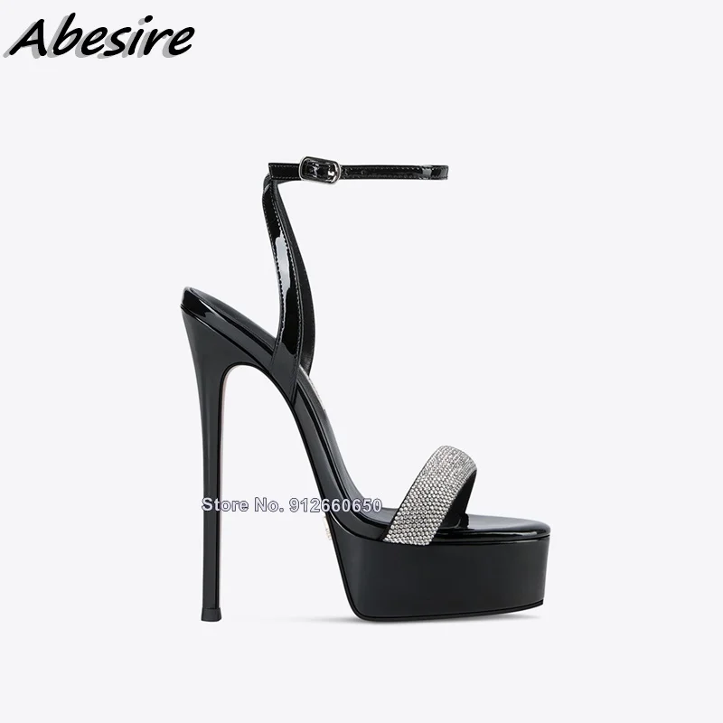 Ankle Buckle Bling Crystal Platform Sandals For Women Black Silver Open Toe High Heels Summer Shoes On Heels Stilettos Sandals