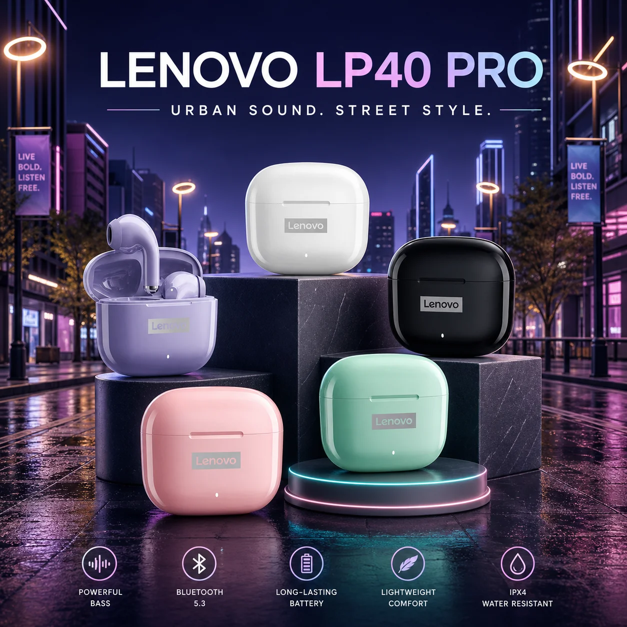 NEW Lenovo LP40 Pro TWS Bluetooth 5.3 Quick Connect Earphones  Ergonomic  Design  Headphones Powerful Transmission Speed Headset