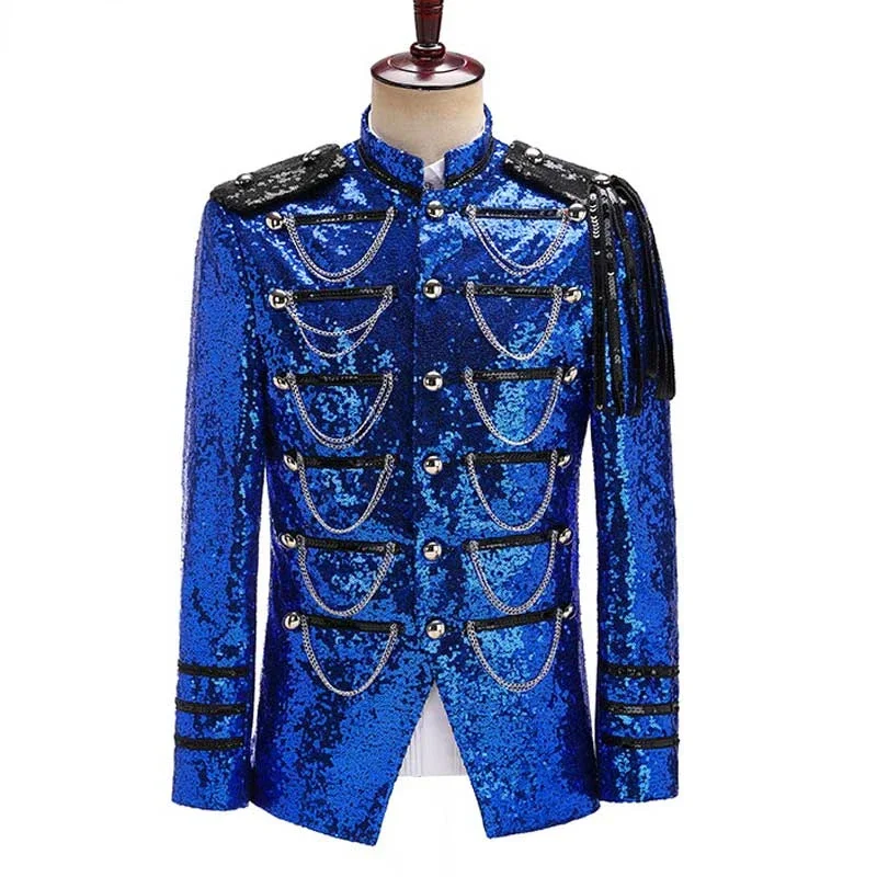 

Royal Blue Sequin Embellished Military Blazer Jacket Men Stage Party Prom Mens Tuxedo Suit Singer Show DJ Costume Homme