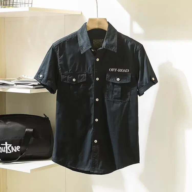

American Retro Workwear Short Sleeve Shirt Men Summer Outdoor Casual Washed Functional Loose Large Size Shirt Polyester Fiber