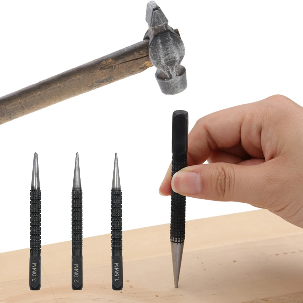 3PC Center Punch Positioning Punch Drilling Fixer nero cilindrico Nail Punch Pin Tool accessori