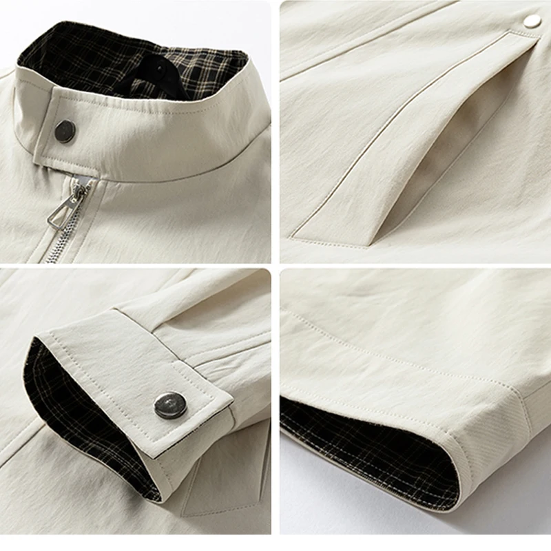 Herren Stehkragen-Freizeitjacke – Einfarbige, locker sitzende Windjacke mit Reißverschluss und Karofutter, Streetwear-Oberbekleidung – Detail 2
