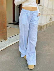 Women's Casual Stripe Print Wid Leg Pants Drawstring Elastic Waist Loose Straight Long Pants with Pockets Lounge Trousers Street