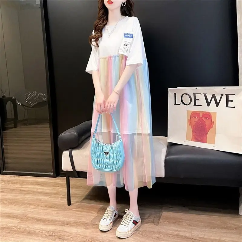 Casual Patch Designs Dresses Summer New Stylish Gauze Rainbow Color Spliced Women\'s Clothing A-Line Korean Round Neck Midi Dress