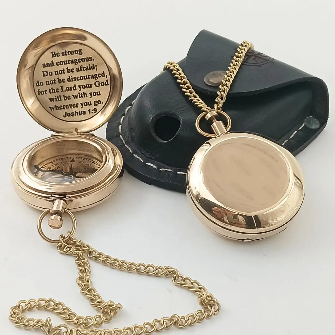 

Brass Compass With Joshua 1:9 Engraving Push Button Opening Religious Gift For Men