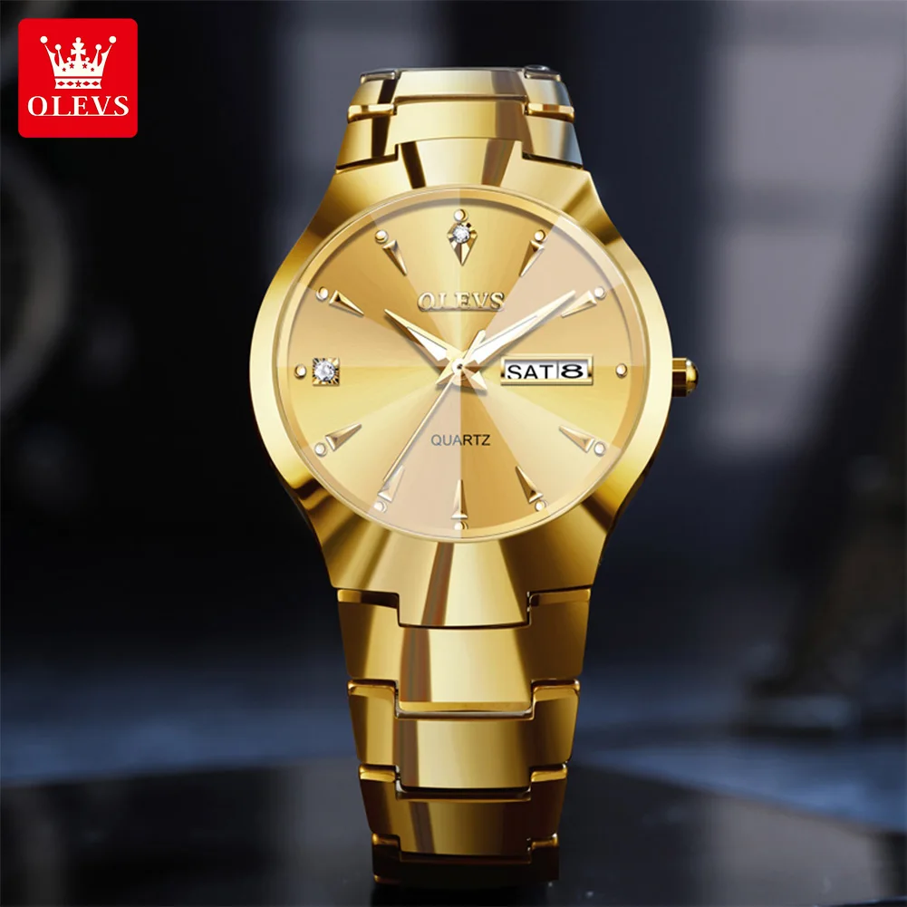 

OLEVS 8697, мужские часы, золотой ремешок из вольфрамовой стали, водонепроницаемые светящиеся часы с двойным календарем, мужские часы