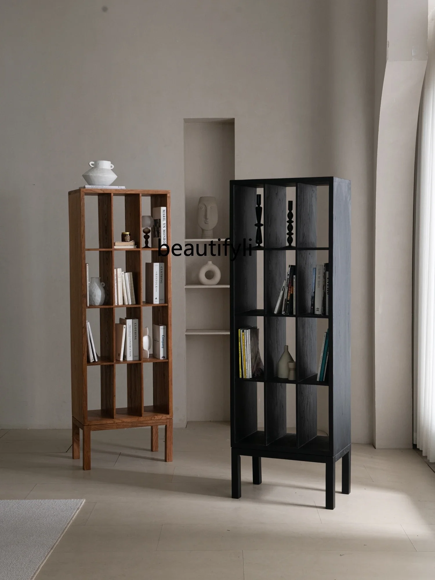 Solid Wood Bookcase Living Room Side Cabinet Multi-Grid Bookshelf Floor Standing Storage Cabinet Integrated Display Cabinet