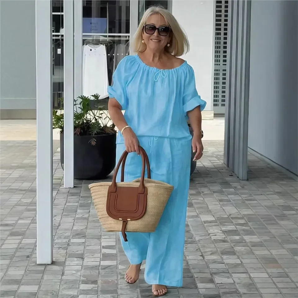 

Elegant Fashion Drawstring O Neck 7-quarter Sleeve Top Women's Suit Spring New Casual Loose Female Wide-leg Trousers 2-piece Set