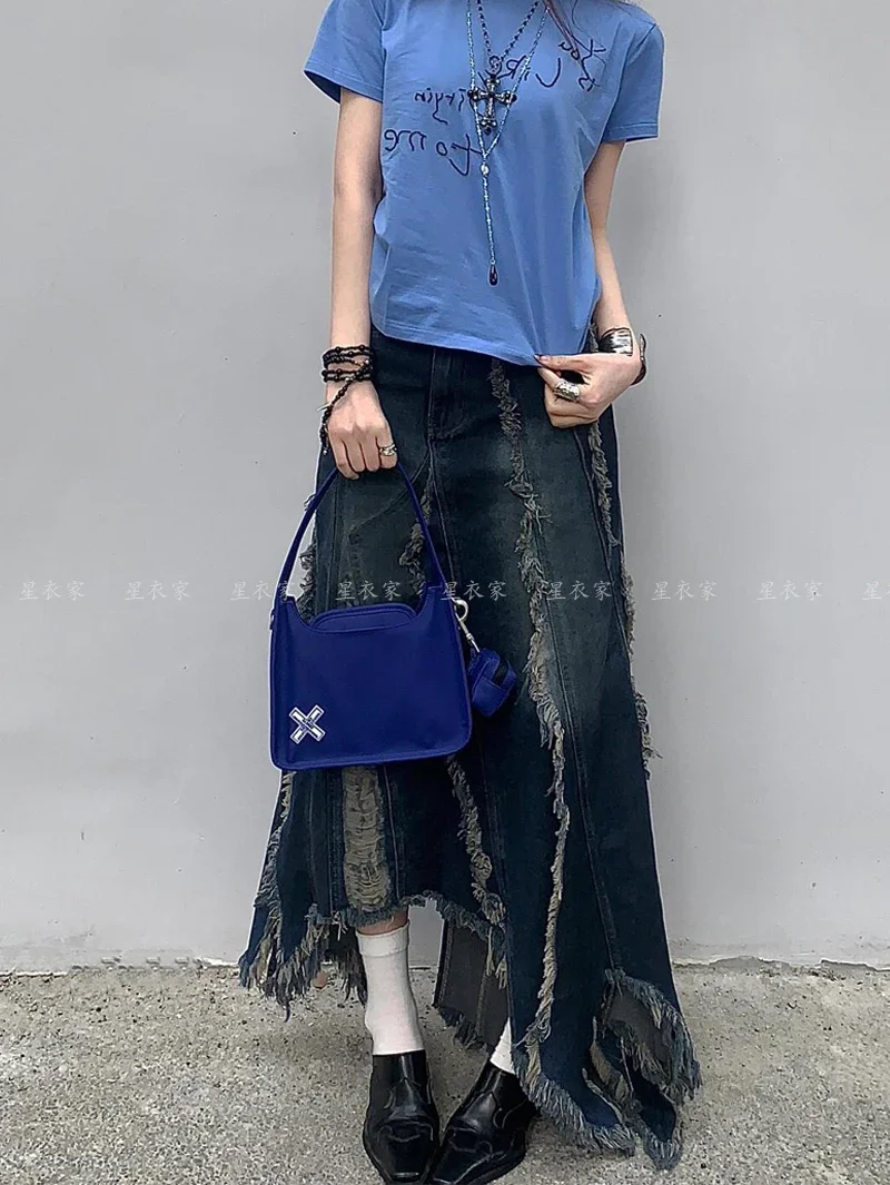 Women Denim Long Skirt Harajuku Y2k 2000s Vintage Skirts 90s Aesthetic Streetwear Fashion Korean Style A-Line Jean Skirt Clothes