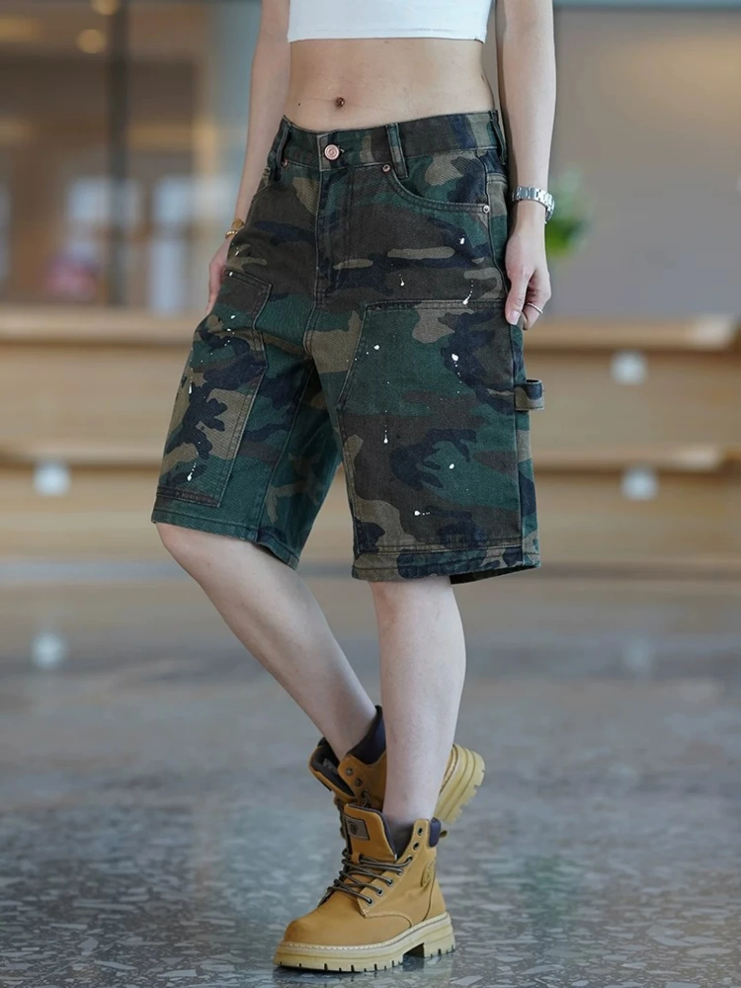 Casual Camouflage Denim Shorts Women's American Retro Summer Loose Outdoor Workwear Pants Trendy Brand Casual Five-Point Pants