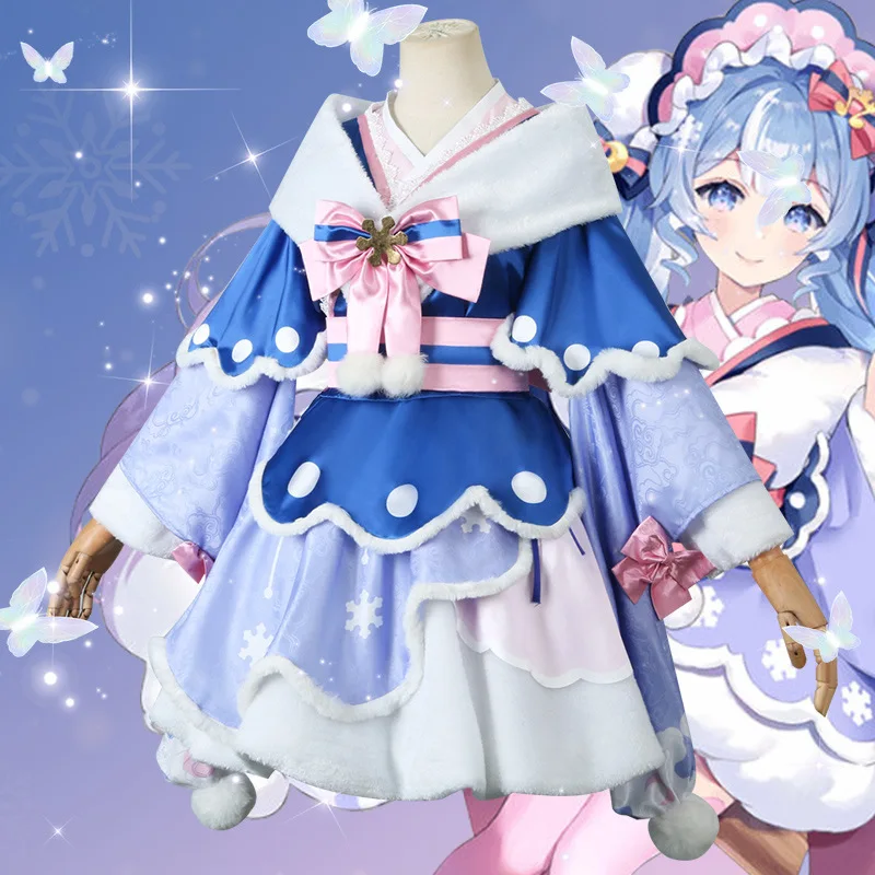 bilibili Schnee Miku Cosplay Kostüm Perücken Lolita Süßes Kleid Hut Kopfbedeckung Anime Miku Weihnachten Winter Schnee Outfits Mikuu Kleid