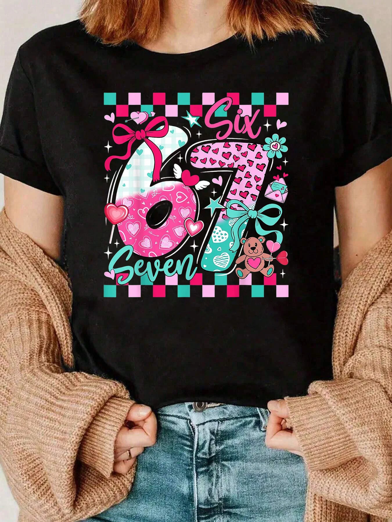 Camiseta feminina com estampa de seis sete números, dia dos namorados, roupa casual 220g