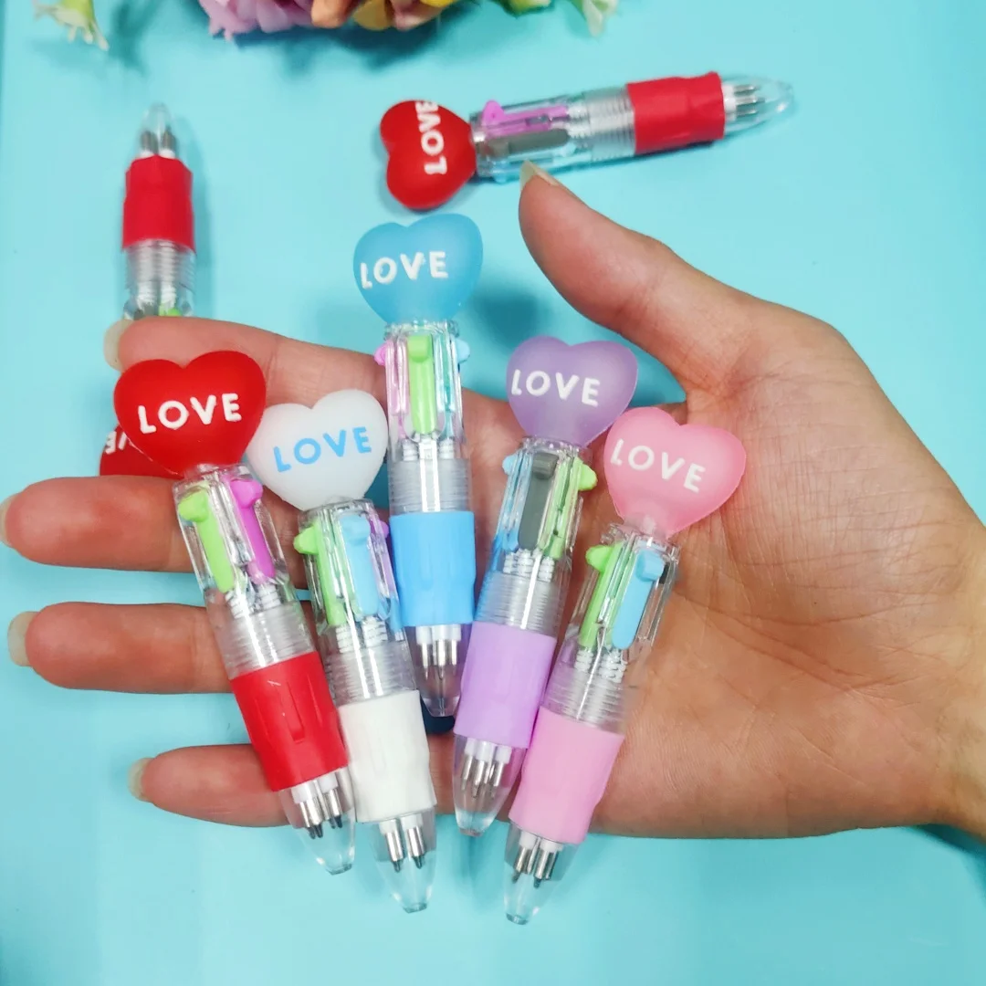 10Pcs/Lot Cute Love Heart Mini 4 Color Ballpoint Pen Kawaii Cartoon Multicolor Writing Pens Kids School Office Stationery Gifts
