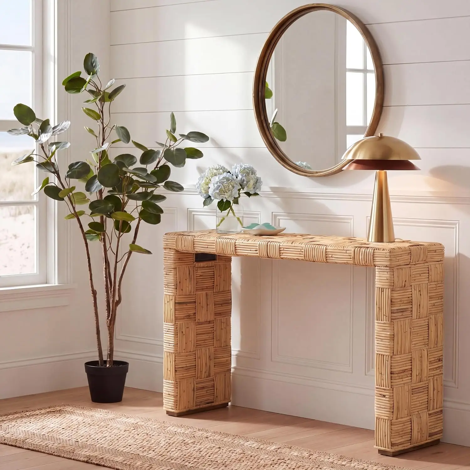 Wicker Console Table Handwoven Waterfall Rattan Entryway Living Room Hallway 53.1