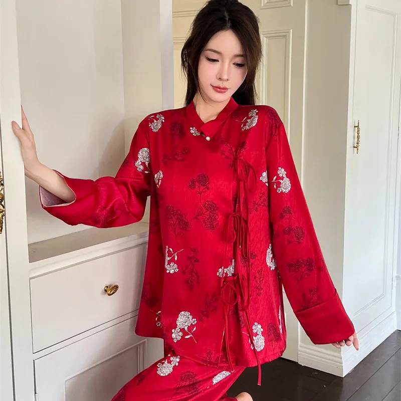 Red Festive Ladies' New Ice Silk Sleepwear Double Long Two-piece Set, Chinese Style Printed Outerwear For Home Wear Nightwear