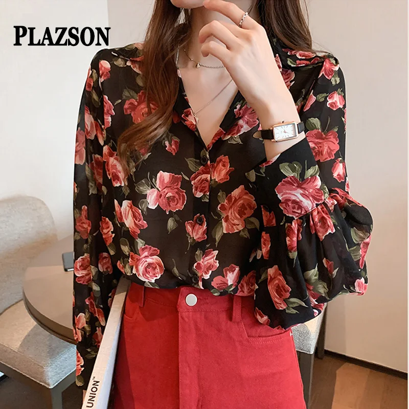 PLAZSON Summer Sunscreen Clothes Tops Vintage Flower Print Women Chiffon Blouse Long Sleeve Sheer Thin Shirt Blusas Para Mujer