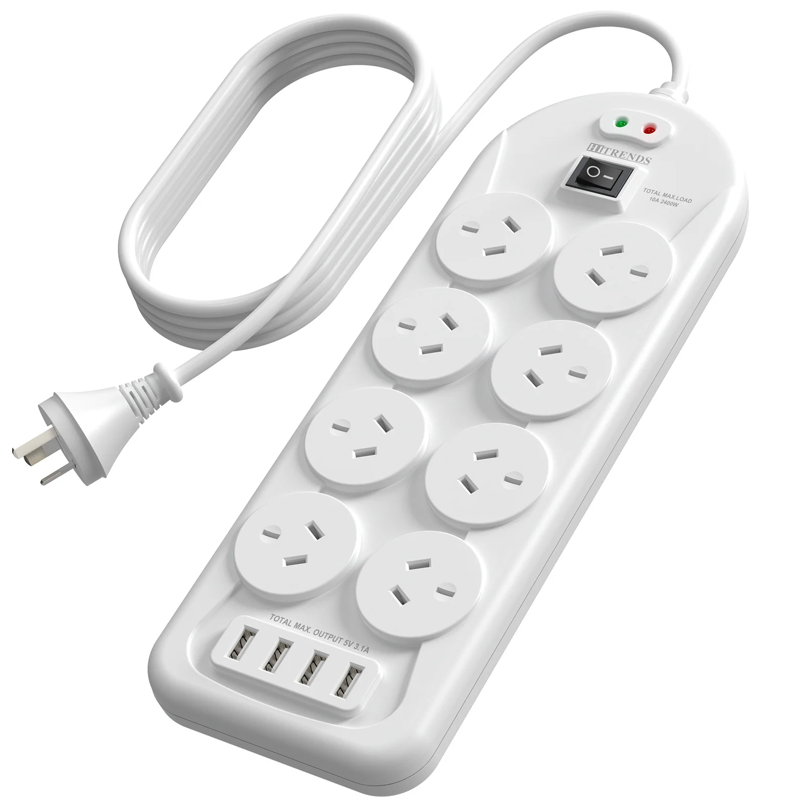 HITRENDS power strip mulit socket with 8 AC outlets 4 USB ports charging,1.5m extension cord with Switch for Australia
