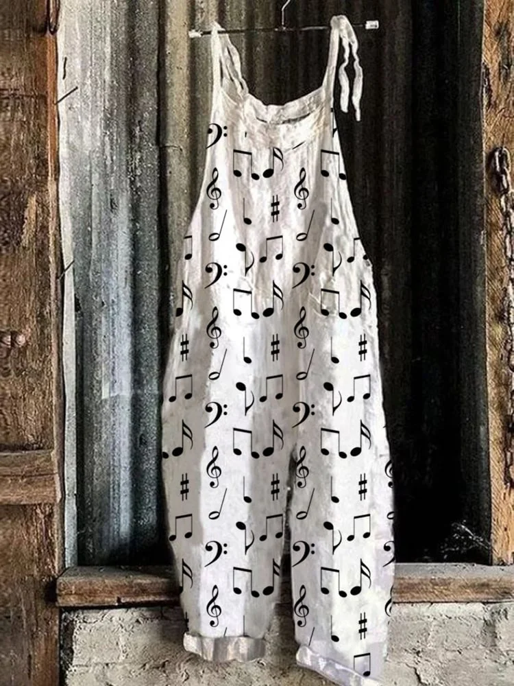 

Vintage Music Clef Print Casual Overalls Women Adjustable Strap Loose Wide Leg Jumpsuit Streetwear Trousers