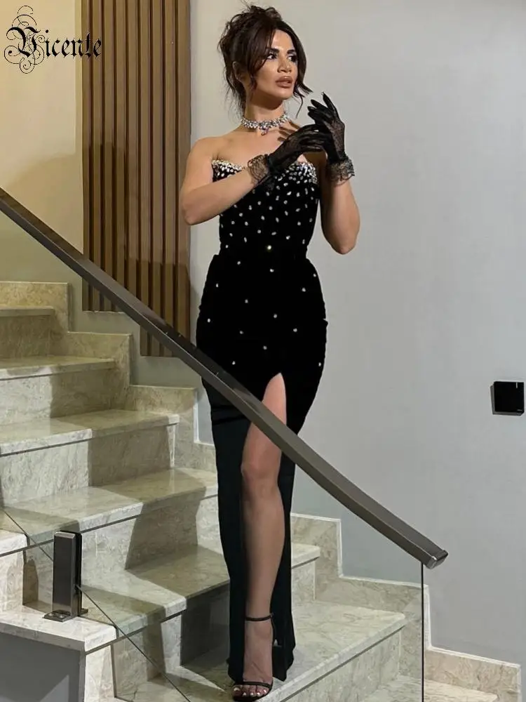 

VC Elegant Black Beaded Evening Dresses – Strapless Slim Fit Gown with Diamond Embellishments High Slit Formal Party & Gala Wear