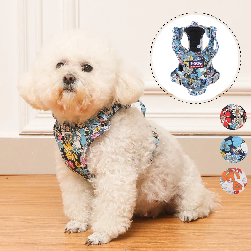 Floral No Pull Dog Harness with Handle, Reflective Adjustable No Choke Pet Vest with Front & Back for Walking Running Training