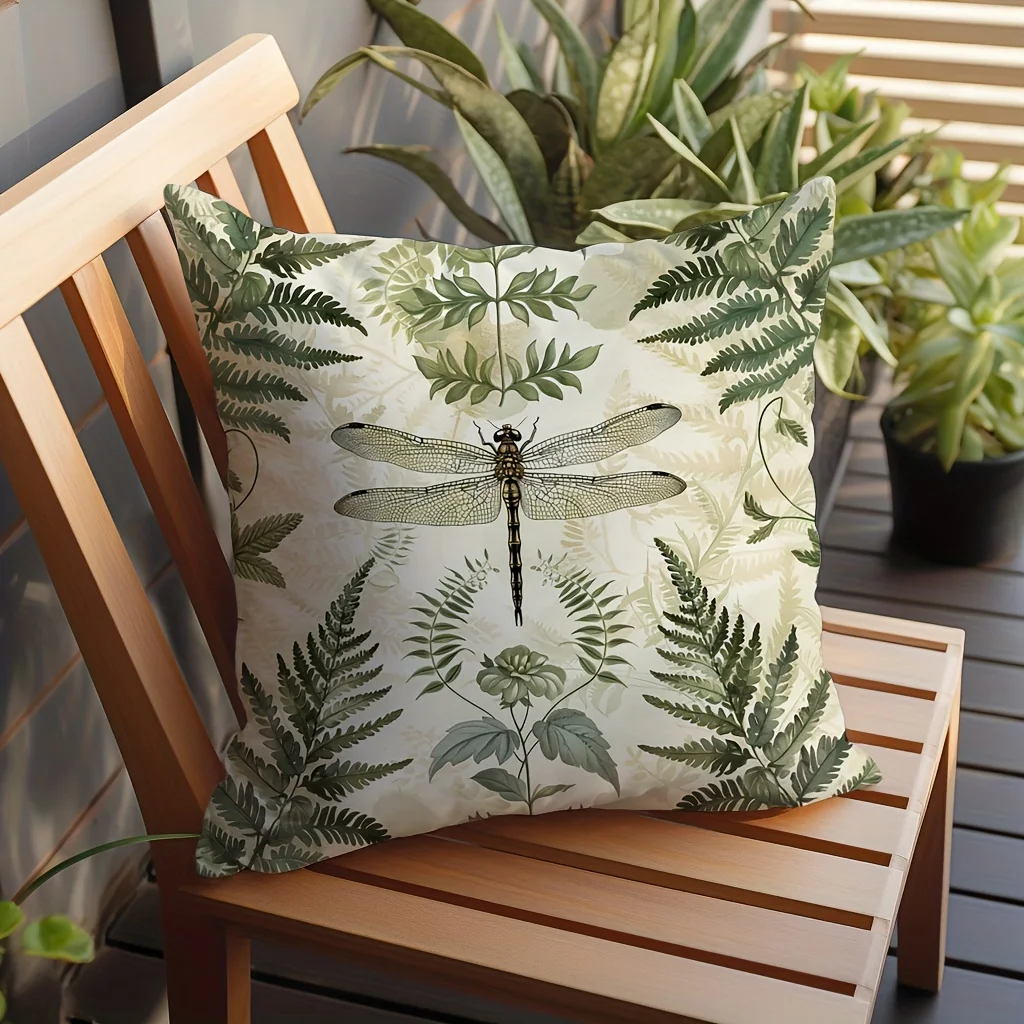 Dragonfly & Fern Leaf Pillow Cover , Rustic Nature Decor Pillowcase for Sofa Bedroom Home Decor