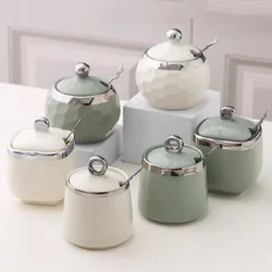 Ceramic Seasoning Jar with Spoon Kitchen Seasoning Storage Box Salt and Pepper Jar Household Storage Jar Ceramic Box Bottle