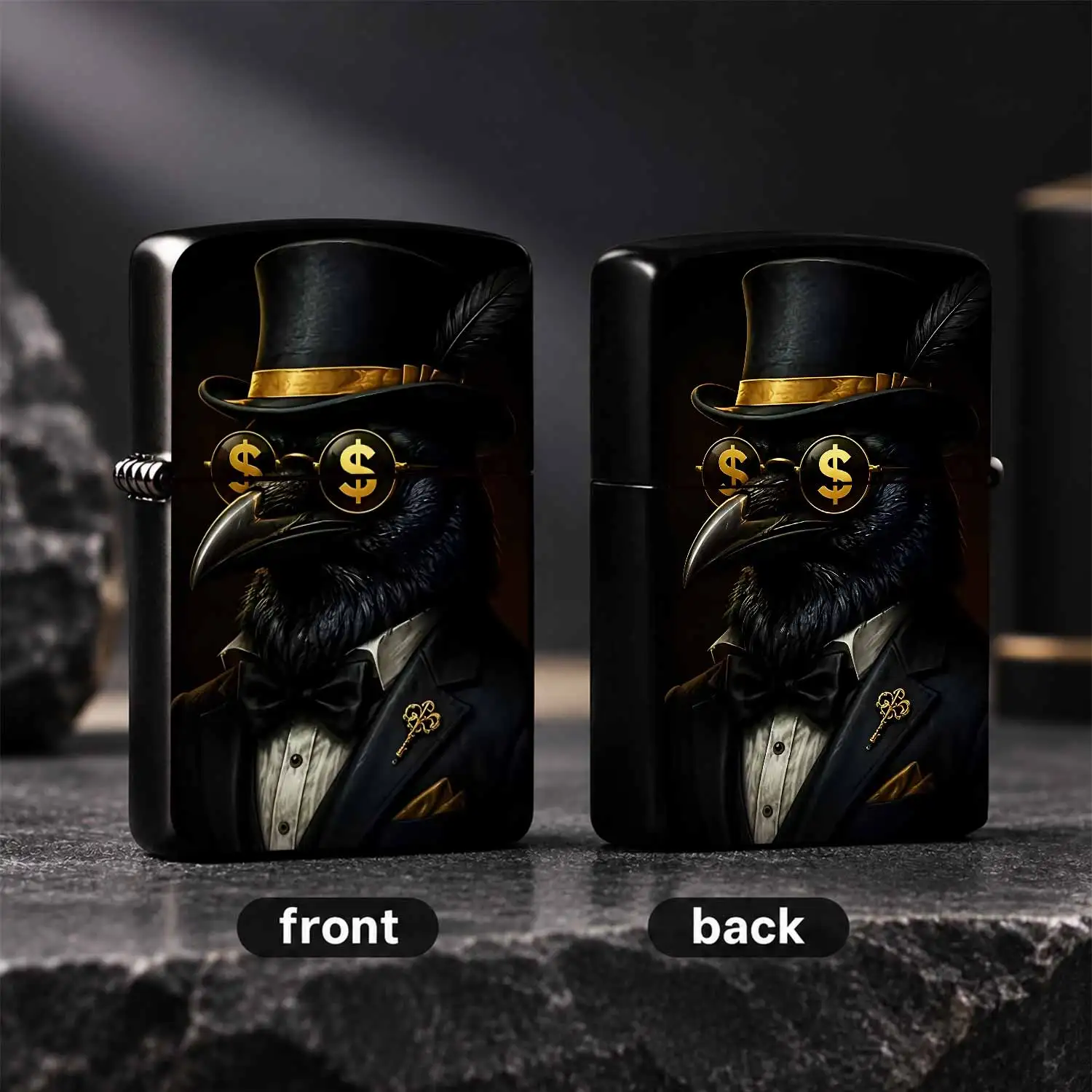 Vintage Top Hat Gentleman Crow Lighter With Dollar Sign Shades, Luxury Black Gold Stylish Portable Igniter, All Occasion Universal Creative Decor, Unique Fancy Gift For Collection Home Decor Business Party Daily Use A Humorous And Interesti