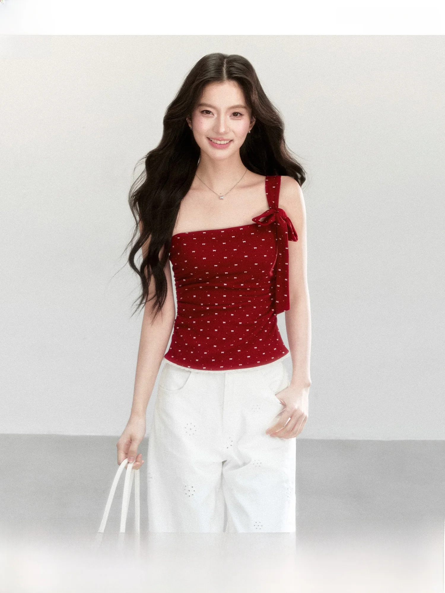 QDQD Sweet Girl Red Polka Dot Bridesmaid Summer New Folded Waist Slim Design Short Vest Women's H-Shape Tank Top without Ches...