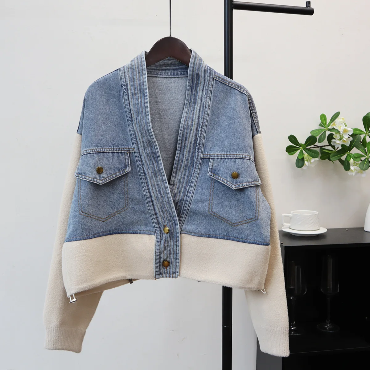 

Knitted Cardigan Jumpers Women Casual Denim Sweaters Short Patchwork V Neck Long Sleeves Loose Fit Single Breasted 2025 Autumn