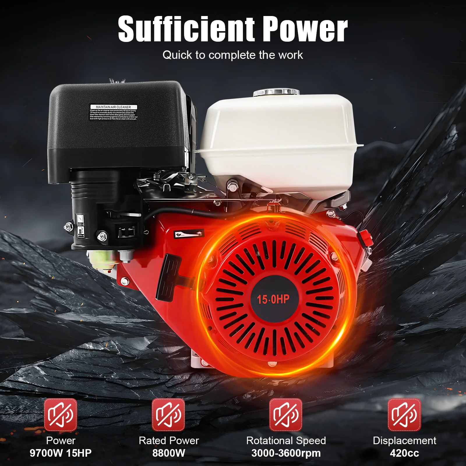 

4-Stroke 9700W 15HP Gasoline Engine Aluminium Iron Pull Start 420cc 6.5L Tank Air Cooling Red and Black High Power