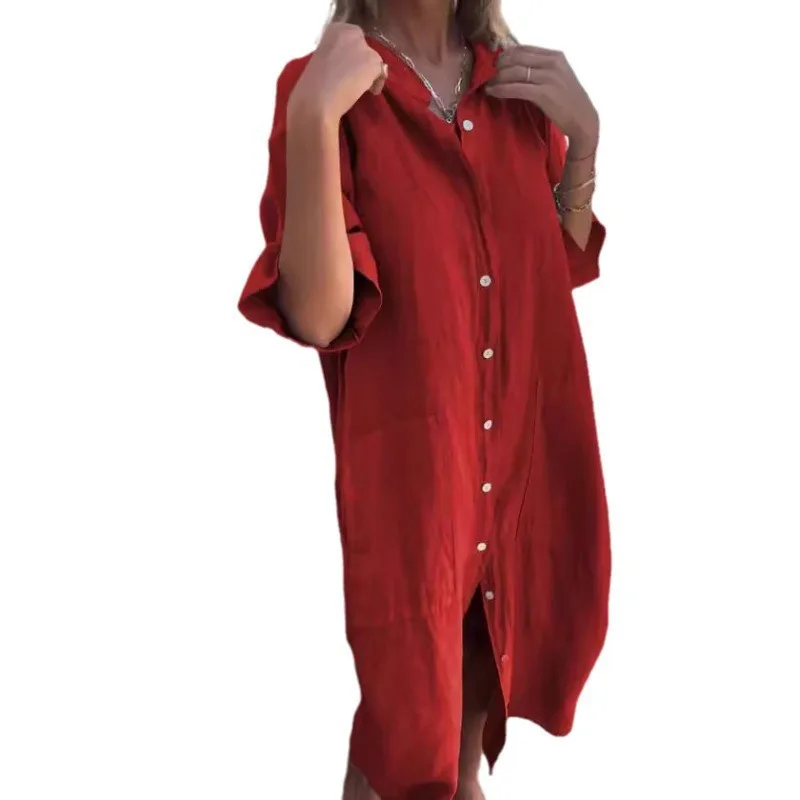 Damska letnia luźna koszula sukienka na co dzień bawełniana lniana sukienka damska Vestido Mujer Vestido Elegante Feminino