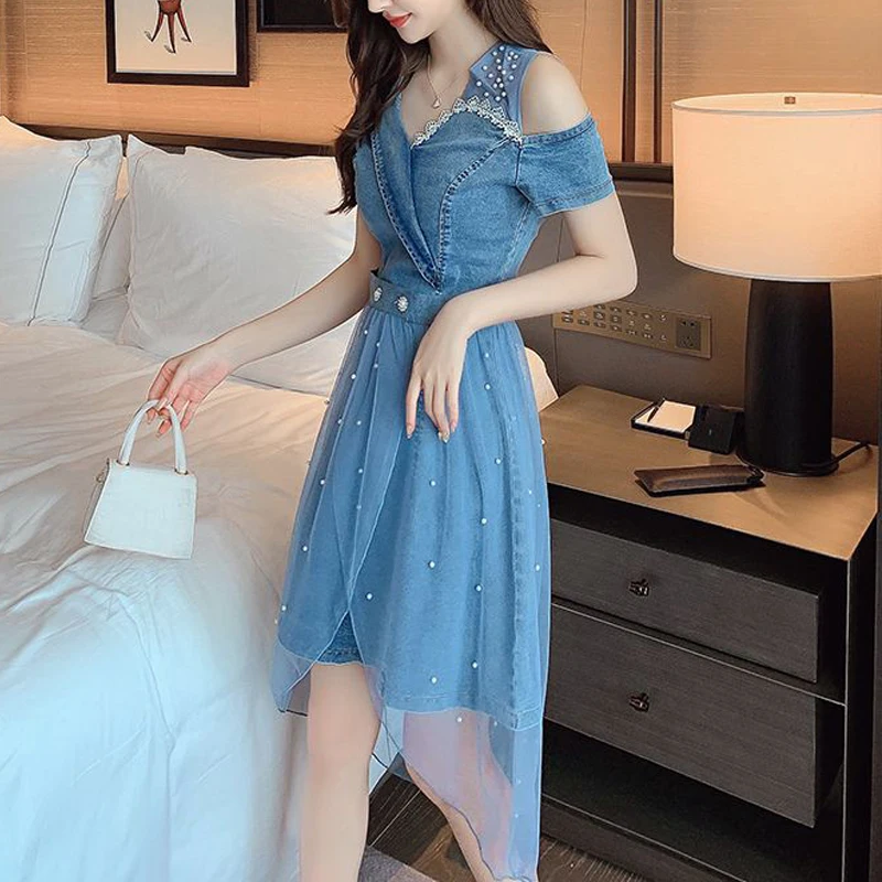 Summer Fashion Sexy Off Shoulder Beaded Elegant Mesh Denim Dresses for Women V Neck Short Sleeve Slim Sweet Midi Dress Vestidos