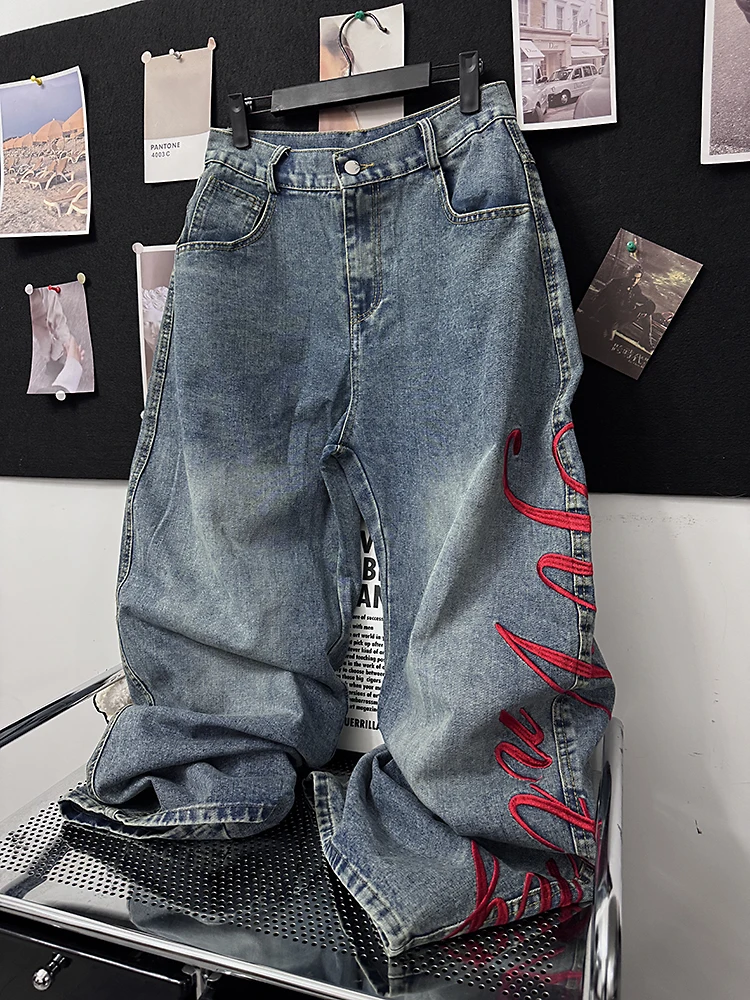 

Ретро-джинсы в американском стиле с вышивкой, свободные прямые брюки с широкими штанинами, длиной в пол, для мужчин и женщин